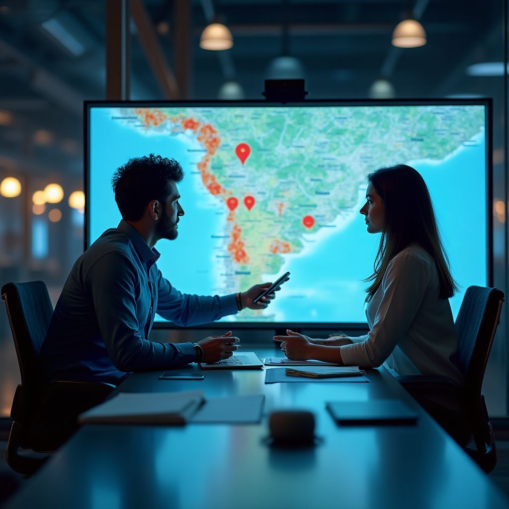 Equipo directivo analizando mapas de expansión
